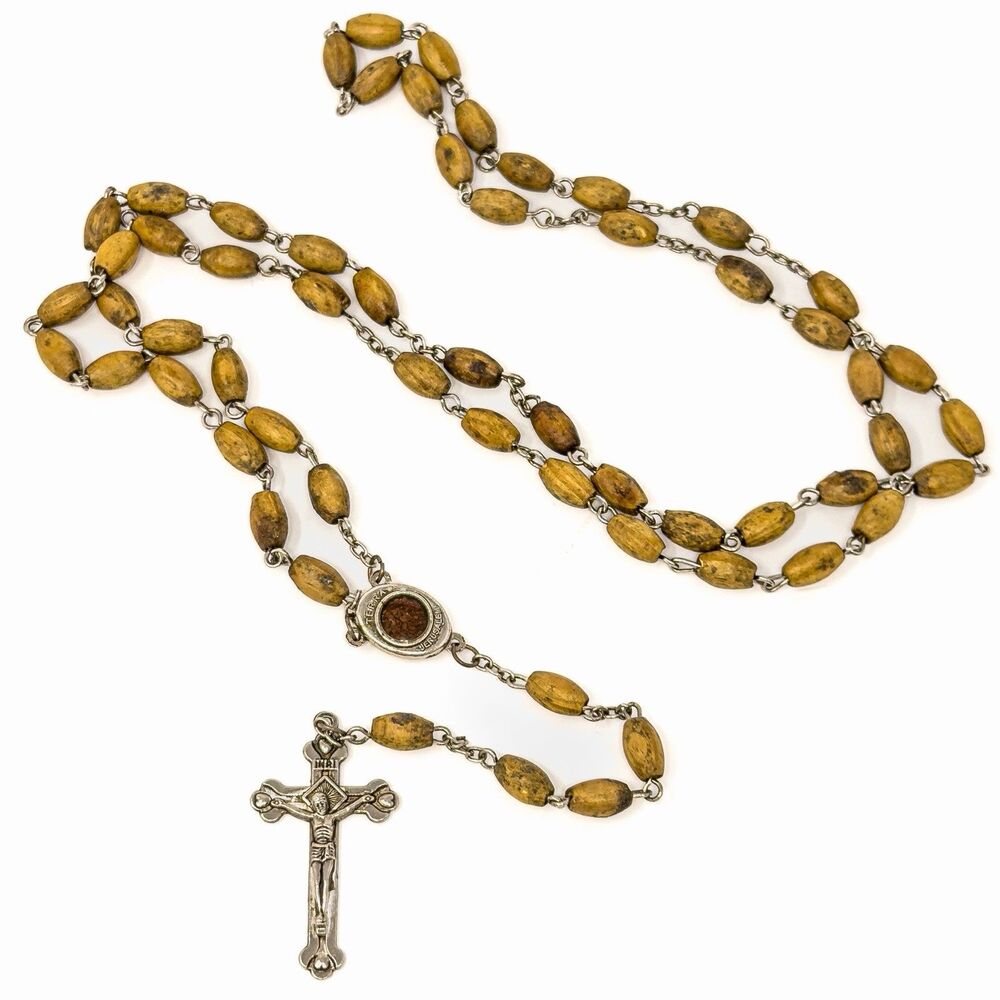Vintage Blessed Jerusalem Rosary Terra Holy Land Wood Beads Catholic Crucifix